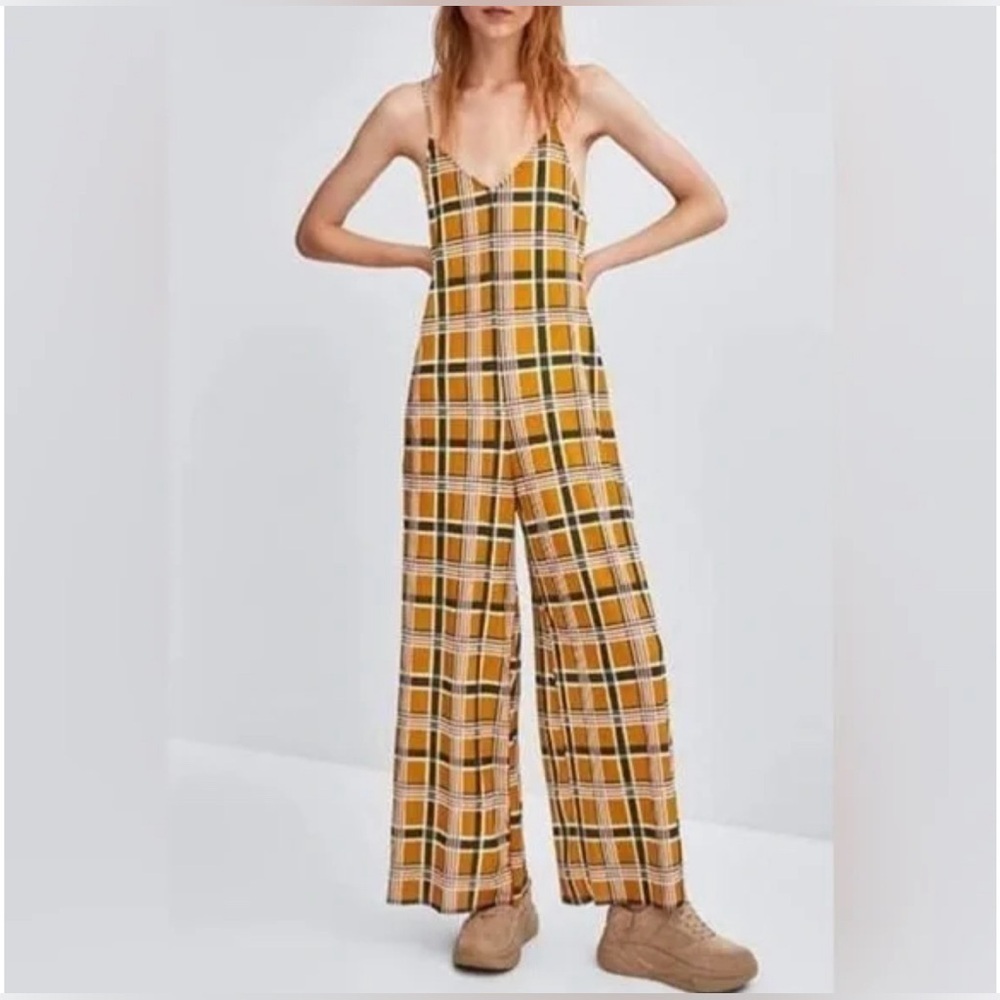 Zara Trafaluc Mustard Yellow green Plaid tartan Jumpsuit S Wide Leg cami strap